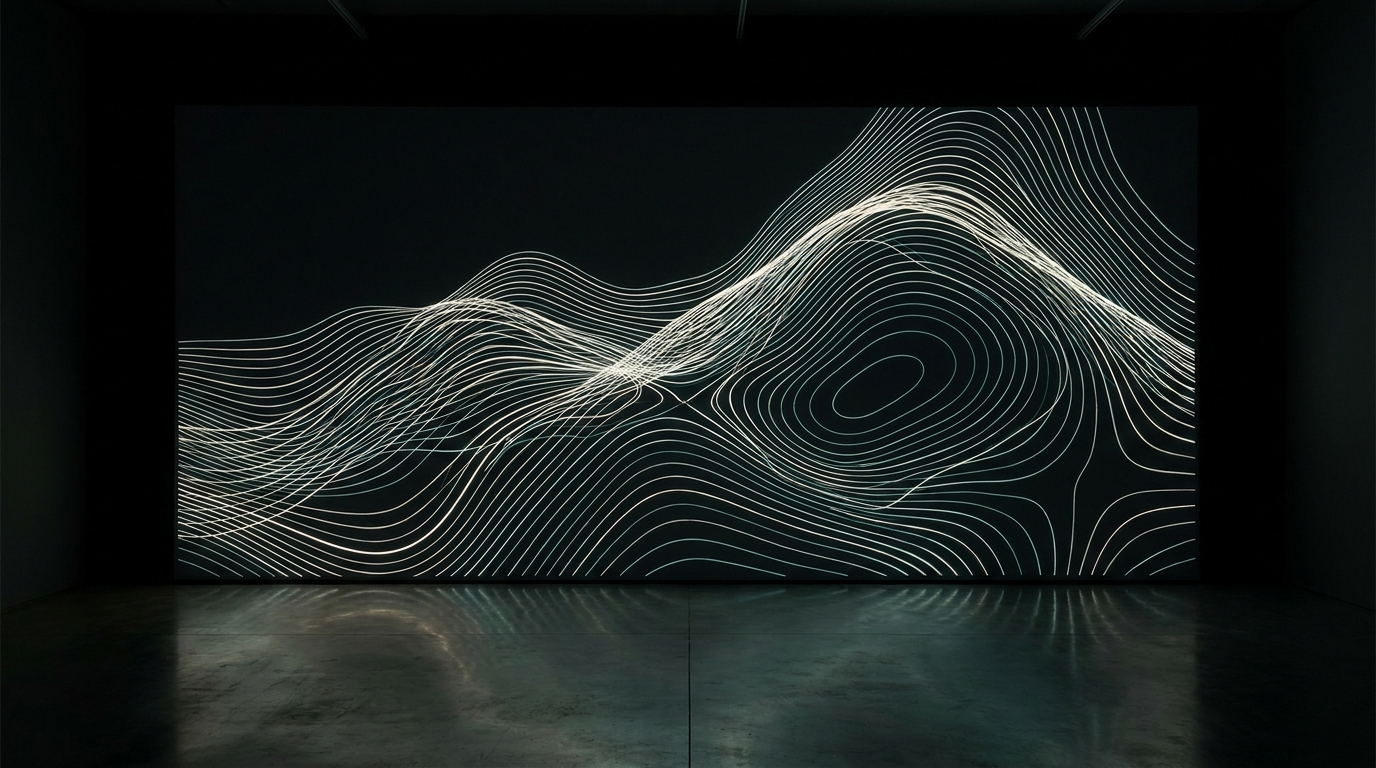A dark gallery wall displaying contour lines of a data terrain