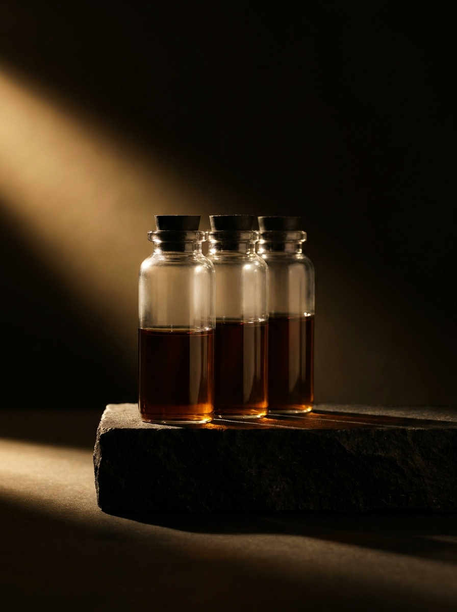 Three glass vials of serum on a stone slab in low raking light