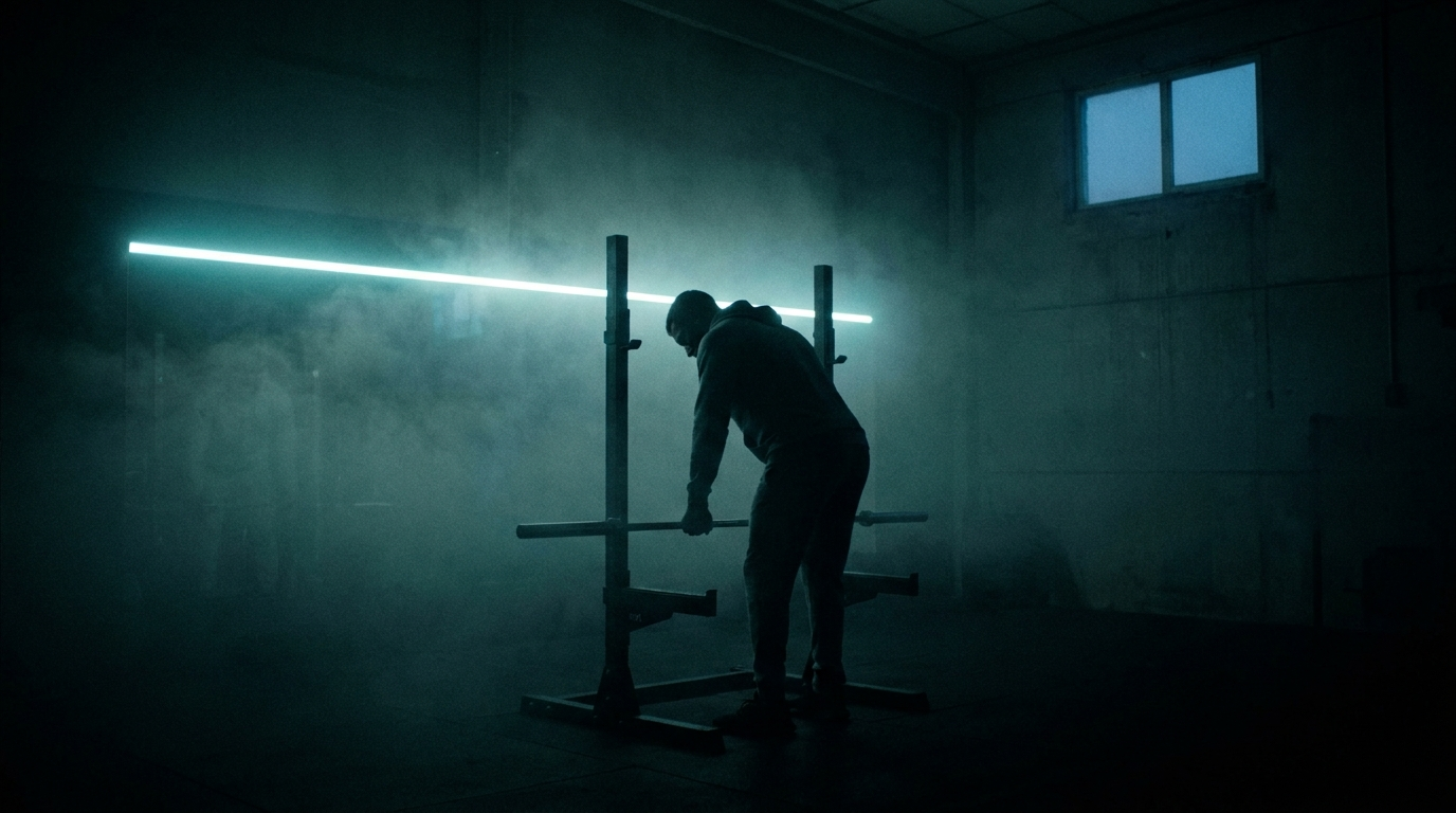 A man training alone at a squat rack in a dark gym under a single strip light